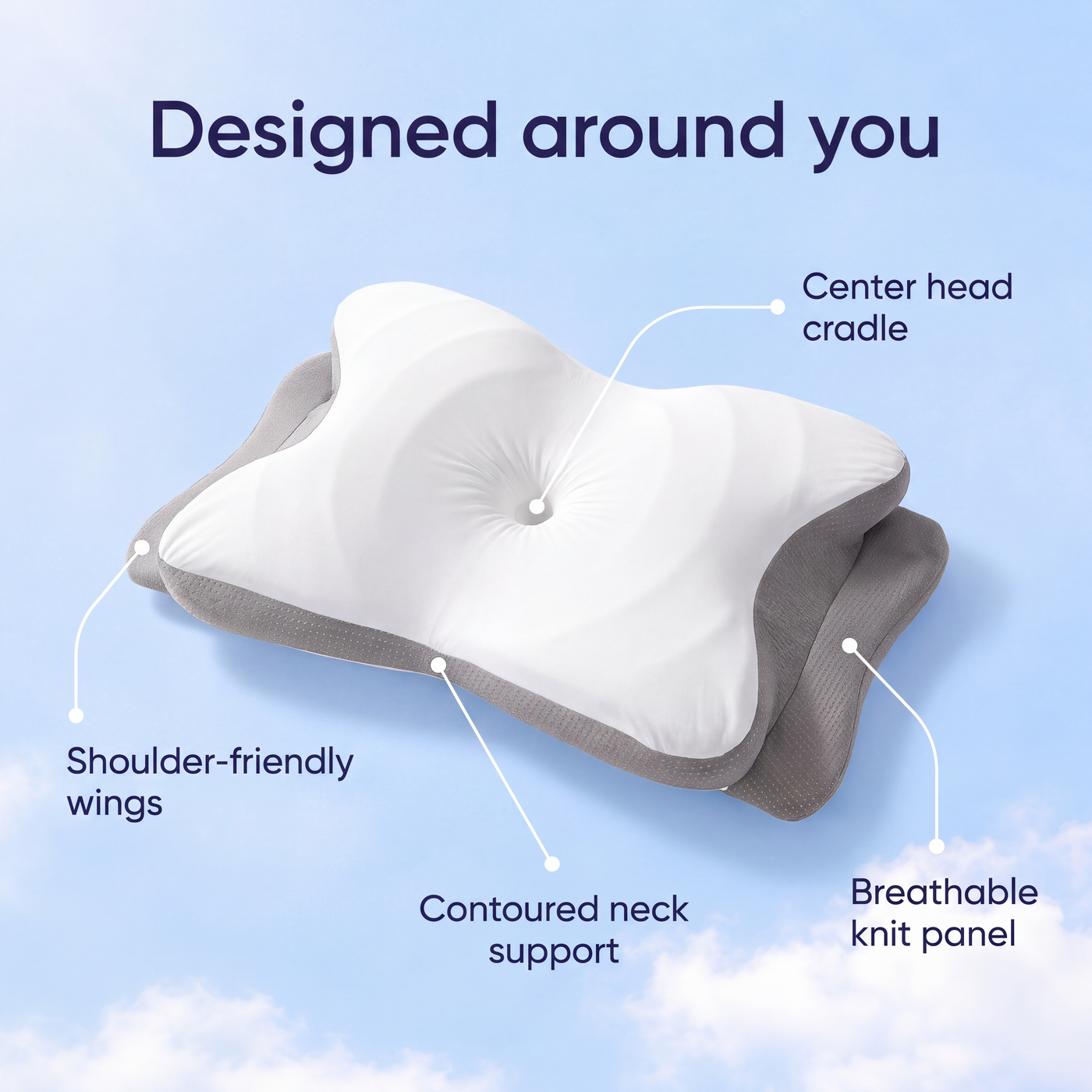 Designed around you: center head cradle, shoulder-friendly wings, contoured neck support, breathable knit panel
